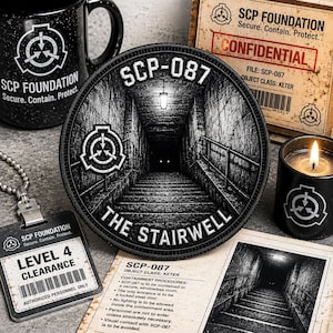 May include: A circular embroidered patch featuring a black and white image of a dark stairwell with the text SCP-087 THE STAIRWELL, accompanied by a black mug, a candle, a clearance badge, and a document, all displaying SCP Foundation branding.