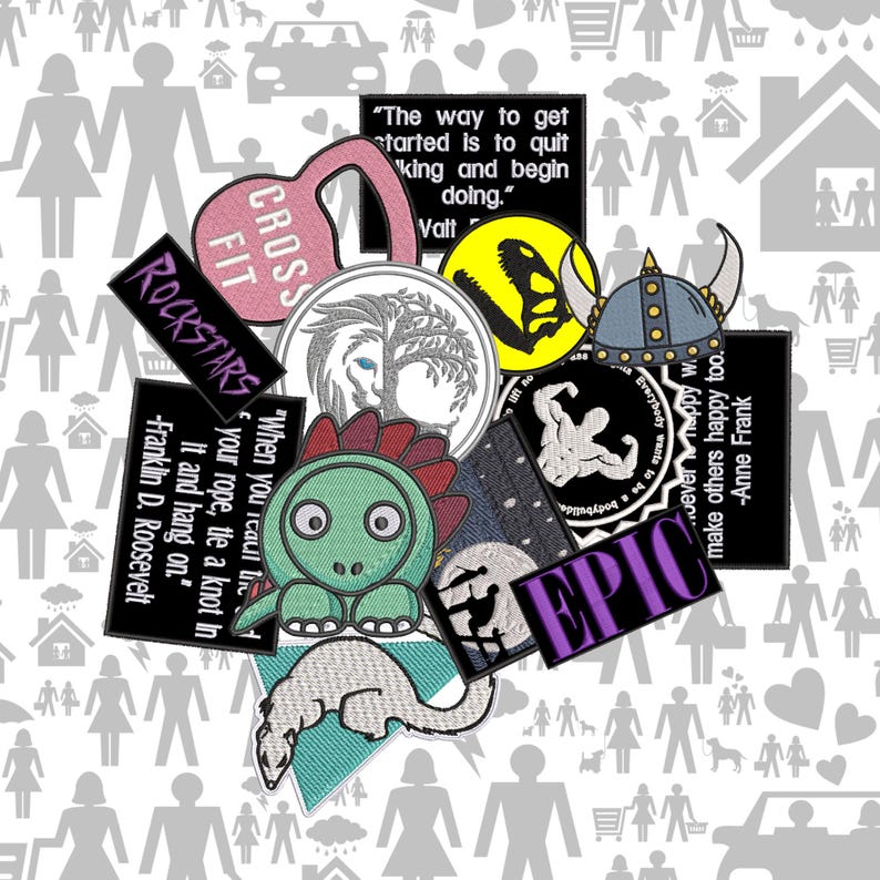 May include: A collection of colorful iron-on patches with various designs and quotes. The patches include a dinosaur, a tree, a viking helmet, a quote about quitting, a quote about tying a knot, a quote about making others happy, a muscle man, a dinosaur, a cross fit logo, a rockstar logo, and an epic logo.