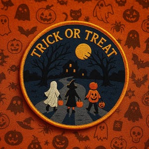 Puede incluir: Parche bordado con las palabras "Trick or Treat". El parche presenta una escena de Halloween con una luna llena, árboles, una casa y tres niños pidiendo dulces. El fondo es naranja con iconos de Halloween. Ideal para ropa.
