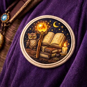 May include: A round patch featuring an owl, books, a glowing staff, and a candle under a starry night sky. The patch is sewn onto a purple fabric, with a cream-colored border. The design evokes a magical or fantasy theme.