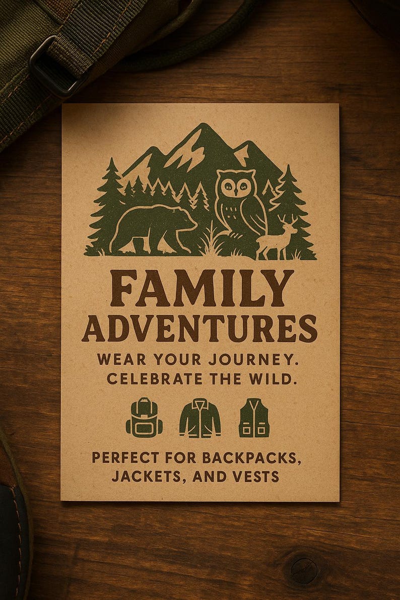May include: A tan-colored card with a green mountain and forest silhouette, bear, owl, and deer. The text reads "FAMILY ADVENTURES" and "WEAR YOUR JOURNEY. CELEBRATE THE WILD." with backpack, jacket, and vest icons. The bottom text says "PERFECT FOR BACKPACKS, JACKETS, AND VESTS."