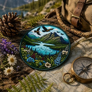 May include: A circular embroidered patch depicting a mountain lake scene with birds in flight. The patch uses blue, green, and white hues, with a dark green edge. The patch is approximately 7.6 cm in diameter.