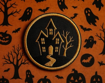 Iron-On Halloween Haunted House Patch/Paranormal Badge/Sew-On Applique for Backpacks & Jackets/Clothing/Cryptid Badge/Forest/Myths Legends