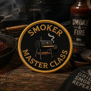 Smoker Master Class Patch/Iron-On Patch/BBQ Chef/Backyard BBQ, Pitmaster Badge, Grilling Gift/Sew-On Applique for Clothing Aprons Jacket