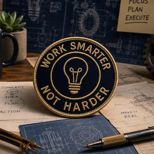 Puede incluir: Un parche azul marino con letras doradas que dice "WORK SMARTER NOT HARDER" rodea un diseño de bombilla dorada. El parche está sobre un escritorio con planos, una taza y una planta suculenta.
