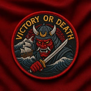 Oni Samurai Patch | Japanese Demon Mask and Katana Iron-On or Sew-On Badge | Warrior Spirit Applique for Jackets & Bags
