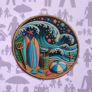 Ocean Wave Patch Iron-On Sew-On Surfboard Beach Badge Applique for Clothing Backpacks Tote Bags, Tropical Vibes, Souvenir, Vacation Gift