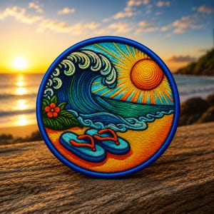 May include: A circular embroidered patch featuring a vibrant beach scene with a large curling ocean wave, a bright yellow sun, a single orange hibiscus flower, and a pair of light blue flip-flops with orange straps resting on golden sand.