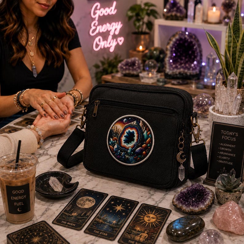 May include: Black crossbody bag with a colorful geode patch. The bag has a long strap and a zipper closure. Tarot cards and crystals are on the table. The text "Good Energy Only" is in neon. A sign reads "Today's Focus".