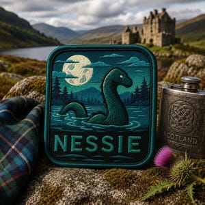 May include: A square embroidered patch featuring a green sea creature in water under a full moon, with the text NESSIE in bold letters. The patch is displayed alongside a metal flask engraved with Scotland and a piece of blue and green plaid fabric.
