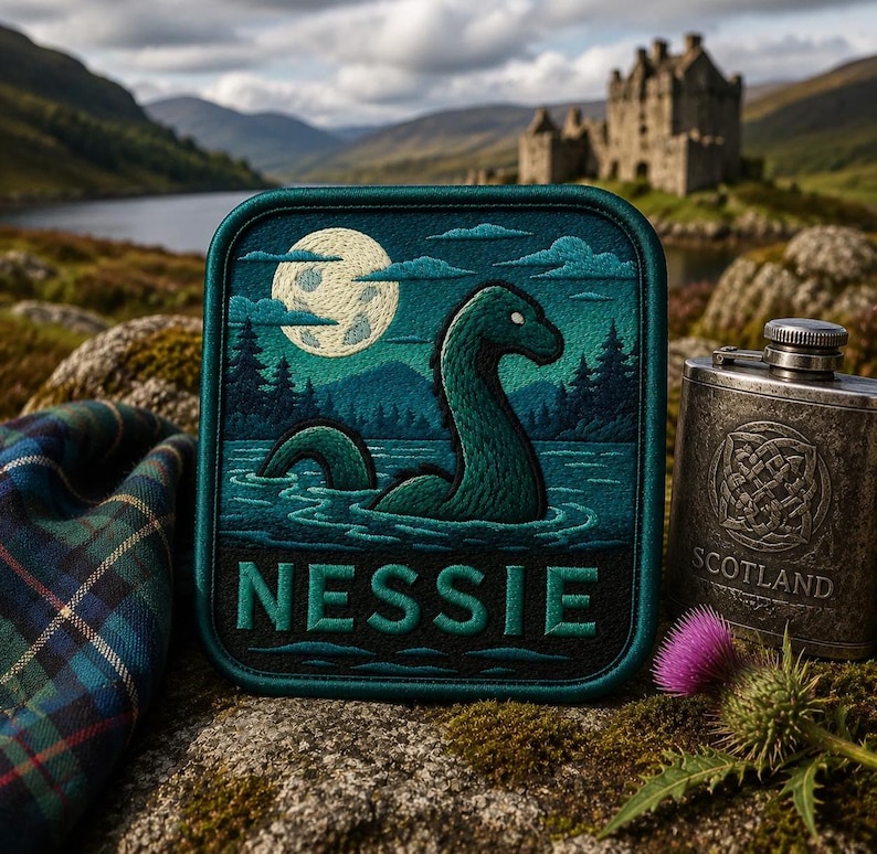 May include: A square embroidered patch featuring a green sea creature in water under a full moon, with the text NESSIE in bold letters. The patch is displayed alongside a metal flask engraved with Scotland and a piece of blue and green plaid fabric.