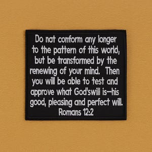 Parche con Romanos 12:2 / Parche con versículo bíblico / Parche termoadhesivo / Regalo de fe / Aplique bordado para coser en chaquetas, mochilas, parches cristianos para motociclistas