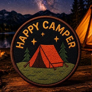 May include: A circular embroidered patch featuring a black background with the yellow text HAPPY CAMPER arched at the top. The design includes a central orange tent on a green grassy field with two green pine trees and three yellow stars.