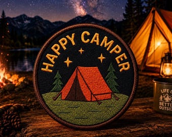 Happy Camp Patch/Iron-On Patch/Nature Badge/Hiking Camping/Travel Souvenir/Sew-On Applique for Clothing Vest/Jacket Hats Backpack Gear