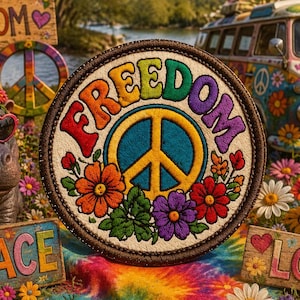 Peut inclure: Un écusson brodé circulaire affichant le mot FREEDOM en lettres arc-en-ciel arquées au-dessus d'un signe de paix jaune. Le motif comprend des fleurs orange, rouges et violettes avec des feuilles vertes, le tout dans une bordure cousue marron.