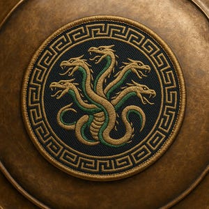May include: Embroidered patch featuring a stylized depiction of a hydra with five serpent heads in gold and green, set against a black background. The patch is bordered by a gold Greek key design and is set on a bronze-colored surface.