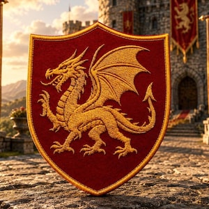 May include: A shield-shaped wall hanging featuring a deep red felt background with a gold embroidered dragon in the center. The dragon is depicted in profile with wings spread, sharp claws, and a long tail. The shield has a thick gold stitched border.