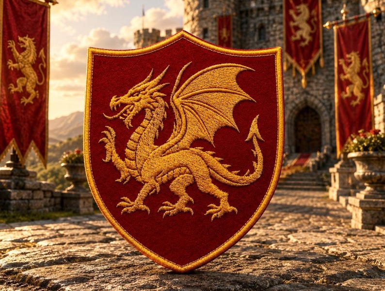 K&ouml;nnte beinhalten: Ein schildf&ouml;rmiger Wandbehang mit einem dunkelroten Filzhintergrund und einem goldfarbenen, gestickten Drachen in der Mitte. Der Drache ist im Profil mit ausgebreiteten Fl&uuml;geln, scharfen Krallen und einem langen Schwanz dargestellt. Goldener Rand.