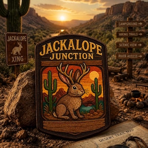 May include: A rectangular patch with the words "JACKALOPE JUNCTION" and a jackalope illustration. The patch is set against a desert landscape with cacti, a sunset, and a trail map. A sign reads "Jackalope Xing."