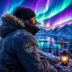 May include: A dark blue winter jacket featuring a circular patch with a mountain and aurora borealis graphic. The jacket has a hood with a faux fur trim and is worn by an individual in a snowy landscape under a vibrant purple and green aurora.