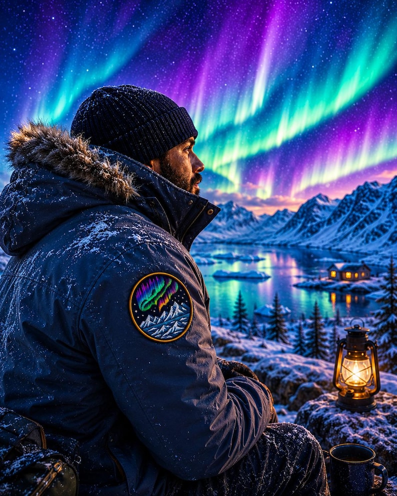 May include: A dark blue winter jacket featuring a circular patch with a mountain and aurora borealis graphic. The jacket has a hood with a faux fur trim and is worn by an individual in a snowy landscape under a vibrant purple and green aurora.