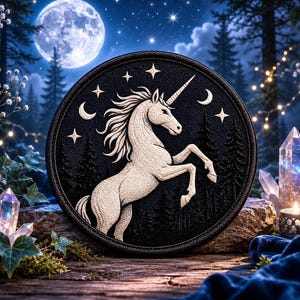 Può includere: Una toppa circolare nera con un unicorno bianco in rilievo che si impenna su uno sfondo di pini scuri. Il design include una luna crescente e diverse stelle a quattro punte disposte nel cielo sopra la testa dell'unicorno.