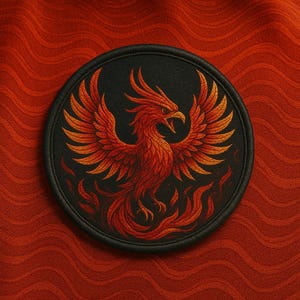 May include: A round, black patch featuring a detailed illustration of a phoenix in shades of red and orange. The mythical bird is depicted with outstretched wings and flames, set against a black background. The patch is on a textured red fabric.