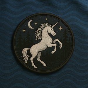 Puede incluir: Parche bordado con un diseño de unicornio blanco sobre un cielo nocturno azul oscuro con una luna creciente, estrellas y una silueta de bosque. El parche tiene un borde negro sobre un fondo de tela azul.