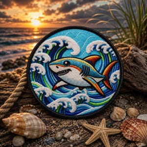 Könnte beinhalten: Ein kreisförmiger bestickter Aufnäher mit einem Cartoon-Hai in Blau, Weiß und Orange, der durch stilisierte blaue und weiße Meereswellen schwimmt. Der Aufnäher hat einen dicken, schwarz gestickten Rand und detaillierte Stickereien.