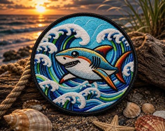 Op de afbeelding: Een ronde geborduurde patch met een cartoonhaai in blauw, wit en oranje die door gestileerde blauwe en witte oceaangolven zwemt. De patch heeft een dikke zwart gestikte rand en gedetailleerd borduurwerk over het gehele oppervlak.