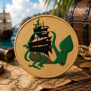 May include: A circular embroidered patch featuring a tan background with a black pirate ship sailing vessel. A large green tentacled sea creature wraps around the ship's masts. A small white skull and crossbones flag is visible on the ship's mast.