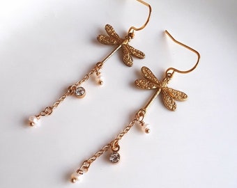 Hypo-Allergenic Gold Dragonfly Pearl Crystal Chain Dangle Earrings
