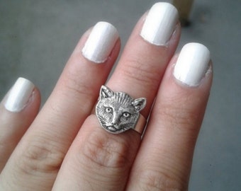 Sterling Silver Cat Ring Kitty Cat Ring Adjustable Kitty Cat Ring Feline Cat Face Ring Kitten Ring