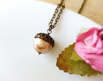 Pearl Acorn Necklace Woodland Charm Necklace