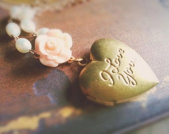 I Love You Heart Locket Pearl Rose Necklace Shabby Chic Necklace