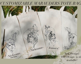 May include: Four white tote bags with black line drawings of a person with an animal on their head. The bags have the text "Nickname" and "James" on them. The text "New Design! Old Design is still available!" is at the bottom of the image.