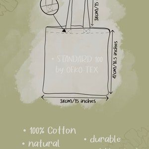 May include: A white tote bag with black handles and black stitching. The bag is 15 inches wide and 16.5 inches tall. It is made of 100% cotton and is described as durable, natural, light, and not bleached. The bag is labeled "STANDARD 100 by OEKO-TEX".