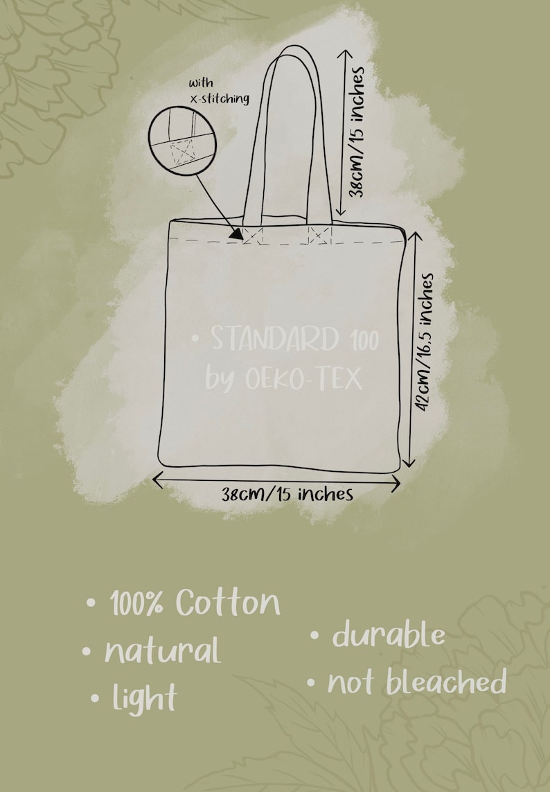May include: A white tote bag with black handles and black stitching. The bag is 15 inches wide and 16.5 inches tall. It is made of 100% cotton and is described as durable, natural, light, and not bleached. The bag is labeled "STANDARD 100 by OEKO-TEX".