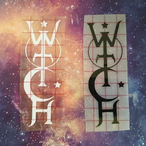 May include: Two vinyl stickers with a black and white design of a stylized symbol with a crescent moon, a star, and the letters "WITCH".