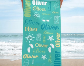 Serviettes de plage personnalisées, Serviette de plage avec nom personnalisé, Serviette de toilette avec texte personnalisé, Serviettes de plage et de bain de voyage pour piscine personnalisées pour enfants et adultes