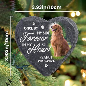 May include: Heart-shaped slate memorial stone, 10 cm wide, with a photo of a golden retriever. The text reads "Once by my side, forever in my heart" with the dog's name and years. Paw prints are also included.