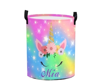Cesto de ropa personalizado con diseño de unicornio: almacenamiento plegable de lona.