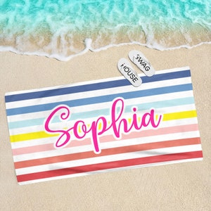 Personalized Stripe Beach Towel: Custom Name Microfiber, Double-Sided