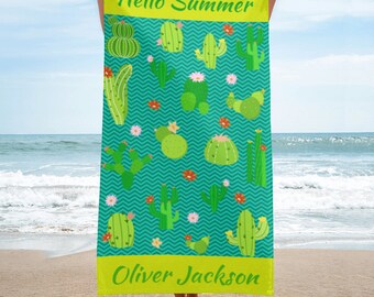 Personalized Cactus Beach Towel: Custom Name Microfiber Pool Towel