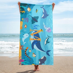 Personalized Ocean Life Beach Towel: Custom Name Microfiber Towel