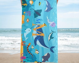 Personalized Ocean Life Beach Towel: Custom Name Microfiber Towel
