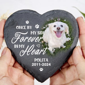 May include: Heart-shaped slate pet memorial featuring a white dog on grass. The memorial has the text "Once by my side, forever in my heart" and the name "Polita" with the years 2011-2024.