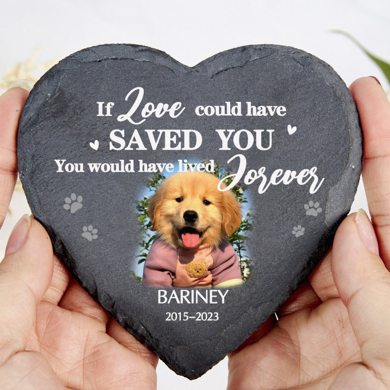 May include: Heart-shaped slate memorial stone featuring a golden retriever puppy photo. Text reads: "If Love could have SAVED YOU, You would have lived Forever." The puppy's name, "BARINEY," and the years "2015-2023" are also displayed. Paw prints are also visible.