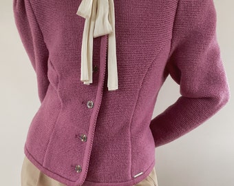 Vintage Austrian mauve knit cardigan – dark lilac wool jacket – fitted pure virgin wool trachten