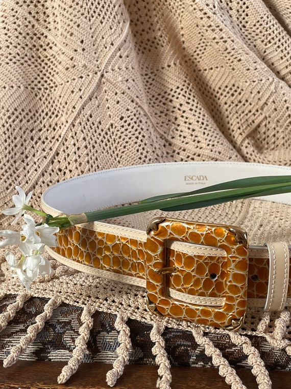 Vintage Croc Leather Belt – 80s Escada Patent Caramel Belt  display picture 2